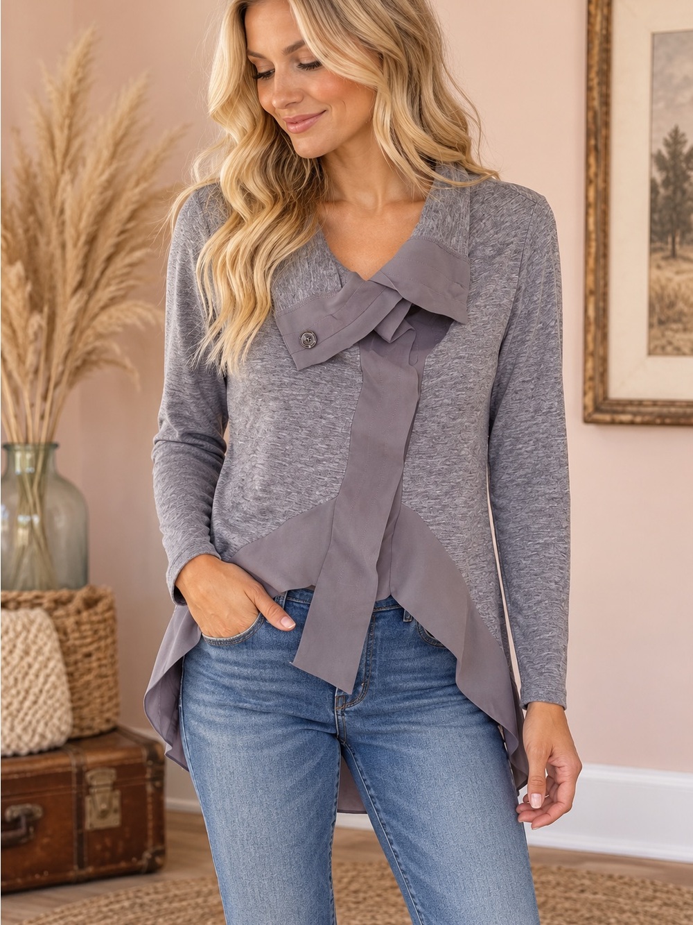Aryn K Gray Long-Sleeve Tie-Front Knit Top
